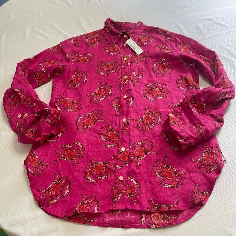 NWT J. Crew Ratti Linen King Crab Print Button Up Shirt Size 4 New
